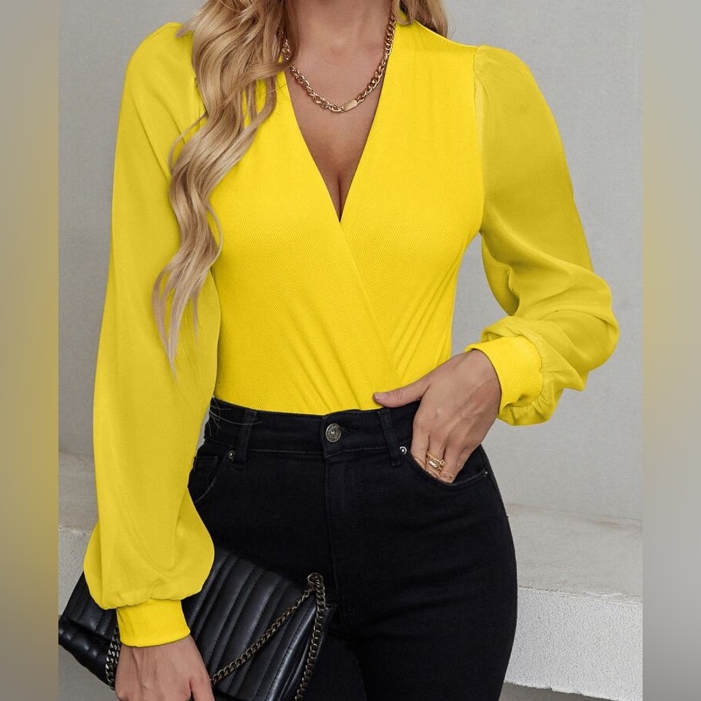 Solid Surplice Neck Lantern Sleeve Bodysuit Bright Yellow V neck